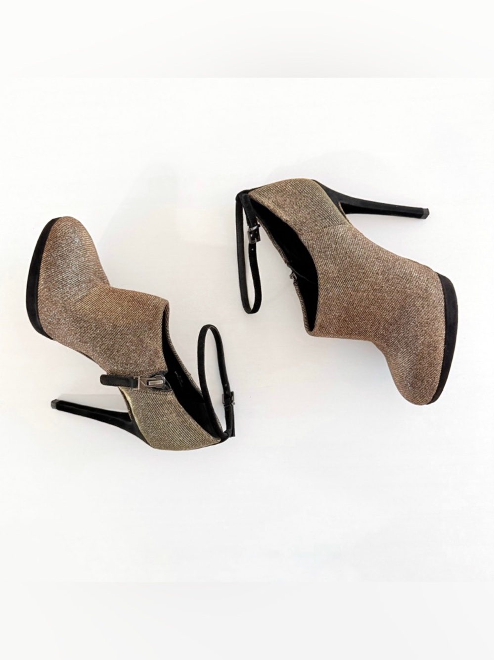 BRIAN ATWOOD FRUITERA BLACK SUEDE METALLIC GOLD SILVER HIGH HEEL BOOTIES - Picture 3 of 11